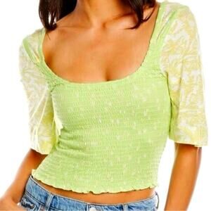 Free People Marigold Top in Key Lime Combo Smocked half Sleeve Cropped top green
